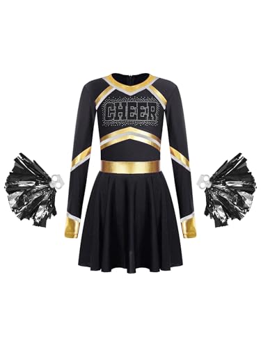 Aislor Kinder Mädchen Cheer Leader Kostüm Langarm Cheerleading Kleid Tanzkleid Mit 2Pcs Pompoms Cheerleading Tanz Outfit Halloween Karneval Party Schwarz 146-152 von Aislor