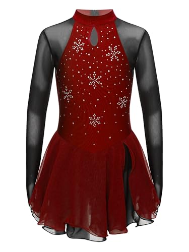 Aislor Kinder Mädchen Eiskunstlauf Kleid Langarm Strass Glitzer Tanzkleid Ballettkleid Trikot Tanzkleidung Wettbewerb Kostüm Burgundy 158-164 von Aislor