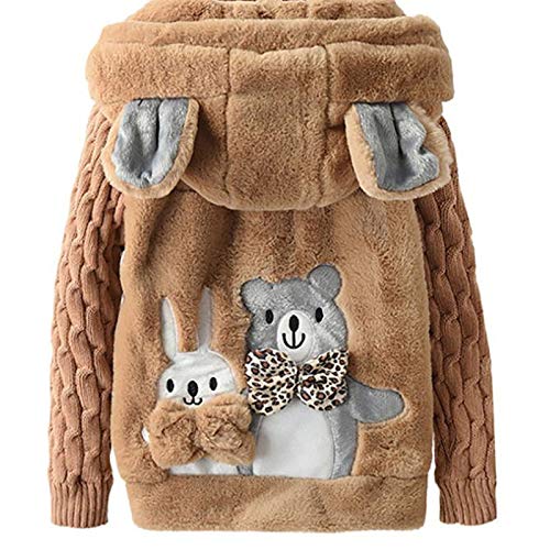 Aislor Kinder Mädchen Kunstpelz Jacke Winter Fleecejacke Kapuzenjacke mit Ohren Cartoon Teddybär Hase Mantel mit Strick-Ärmel Pullover Outwear Khaki 122-128 von Aislor