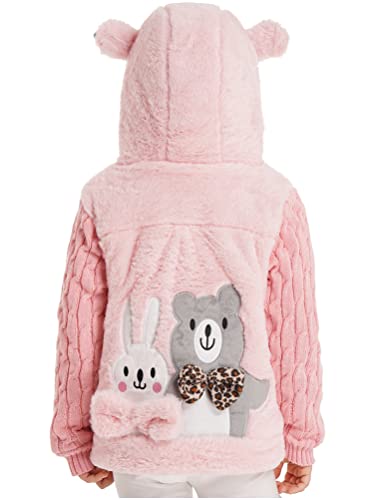 Aislor Kinder Mädchen Kunstpelz Jacke Winter Fleecejacke Kapuzenjacke mit Ohren Cartoon Teddybär Hase Mantel mit Strick-Ärmel Pullover Outwear Rosa 134-140 von Aislor