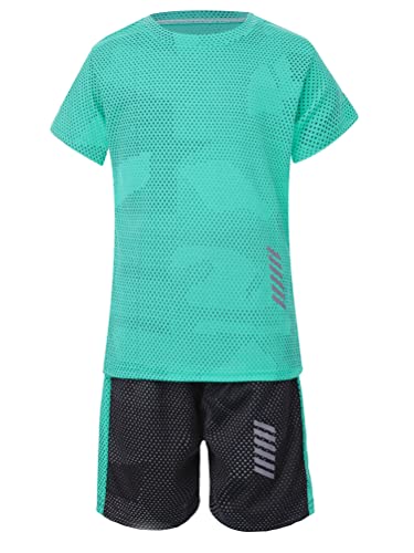 Aislor Kinder Sport Set Jungen Sport Kleidung Mädchen Zweiteiler Kurz Fußballuniform Loose Fit Trainingsanzug Kurze Ärmel Trikot Mit Shorts Sportanzug Zb Grün 122-128 von Aislor