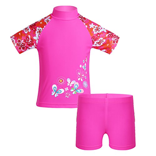 Aislor 2-teiliges Mädchen Tankini Badeanzug mit UV-Schutz und Blumendruck Badebekleidung Rollkragen Kurzarm Badeshirt + Badehose Sets Bademode Rose Rot 122-128 von Aislor