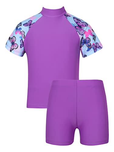 Aislor 2-teiliges Mädchen Tankini Badeanzug mit UV-Schutz und Blumendruck Badebekleidung Rollkragen Kurzarm Badeshirt + Badehose Sets Bademode S Schwalbenschwanzblau 98-104 von Aislor