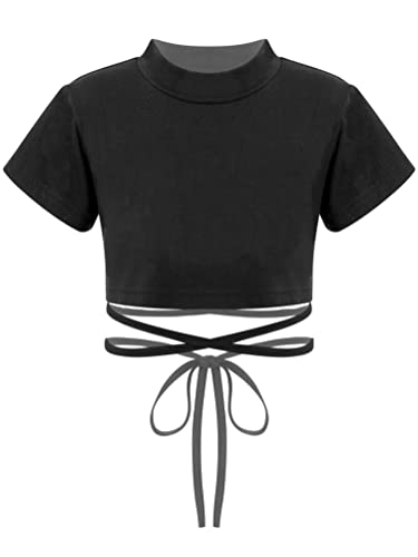 Aislor Mädchen Baumwolle Crop Top Kurzarm T-Shirt Bauchfrei Oberteil Jazz Modern Hip Hop Tanz Kostüm Tanzshirt Sportanzug Schwarz A 122-128 von Aislor