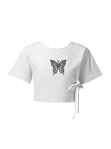 Aislor Mädchen Baumwolle Crop Top Kurzarm T-Shirt Bauchfrei Oberteil Jazz Modern Hip Hop Tanz Kostüm Tanzshirt Sportanzug V Weiß 134-140 von Aislor