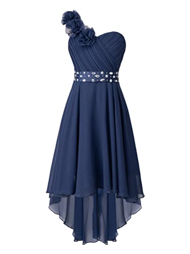 Aislor Mädchen Blumenmädchenkleid Festlich Blume Partykleid One-Shoulder Asymmetrischen Kleid mit Strass Schärpe Chiffonkleid Navy blau 134-140 von Aislor