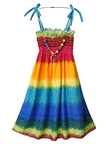 Aislor Mädchen Bunte Kleider Sommerkleid Knielang Spaghettiträger Strandkleid Partykleid Urlaubskleid Freizeitkleid mit Halskette Gr.110-152 S Regenbogenfarbe 98-104 von Aislor