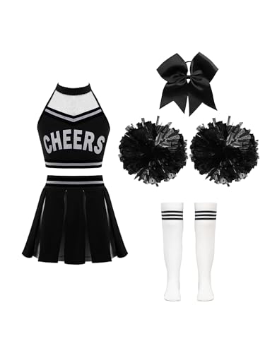 Aislor Mädchen Cheer Leader Kostüm Kinder Ärmellos/Kurzarm Cheerleading Uniform Party Karneval Halloween Kostüm Tanzbekleidung Bühnenkostüm Y Weißschwarz 122-128 von Aislor