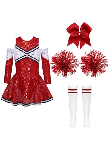 Aislor Mädchen Cheer Leader Kostüm Langarm Cheerleading Uniform Outfits Pailletten Kleid mit Pompoms/Harrband Strümpfe Halloween Cheerleading Tanzkleid A Rot 170-176 von Aislor