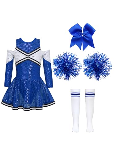 Aislor Mädchen Cheer Leader Kostüm Langarm Cheerleading Uniform Outfits Pailletten Kleid mit Pompoms/Harrband Strümpfe Halloween Cheerleading Tanzkleid Blau 134-140 von Aislor