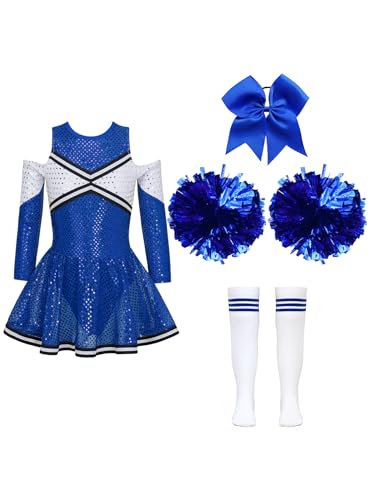 Aislor Mädchen Cheer Leader Kostüm Langarm Cheerleading Uniform Outfits Pailletten Kleid mit Pompoms/Harrband Strümpfe Halloween Cheerleading Tanzkleid C Blau 146-152 von Aislor