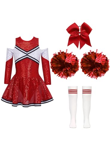 Aislor Mädchen Cheer Leader Kostüm Langarm Cheerleading Uniform Outfits Pailletten Kleid mit Pompoms/Harrband Strümpfe Halloween Cheerleading Tanzkleid D Rot 134-140 von Aislor