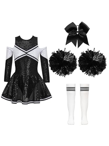 Aislor Mädchen Cheer Leader Kostüm Langarm Cheerleading Uniform Outfits Pailletten Kleid mit Pompoms/Harrband Strümpfe Halloween Cheerleading Tanzkleid D Schwarzweiss 122-128 von Aislor