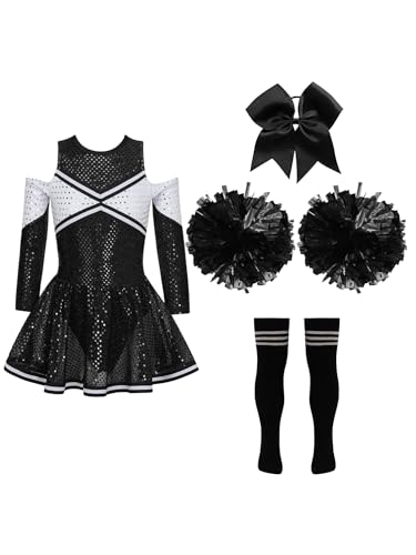 Aislor Mädchen Cheer Leader Kostüm Langarm Cheerleading Uniform Outfits Pailletten Kleid mit Pompoms/Harrband Strümpfe Halloween Cheerleading Tanzkleid E Schwarz 158-164 von Aislor