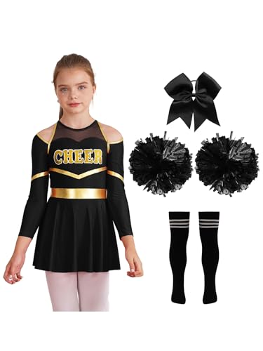 Aislor Mädchen Cheer Leader Kostüm Langarm Cheerleading Uniform Outfits Pailletten Kleid mit Pompoms/Harrband Strümpfe Halloween Cheerleading Tanzkleid F Schwarz 122-128 von Aislor