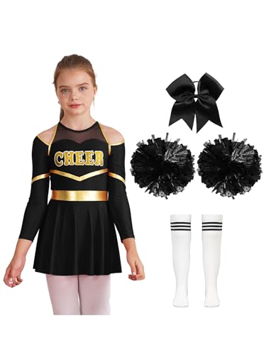 Aislor Mädchen Cheer Leader Kostüm Langarm Cheerleading Uniform Outfits Pailletten Kleid mit Pompoms/Harrband Strümpfe Halloween Cheerleading Tanzkleid G Weißschwarz 134-140 von Aislor