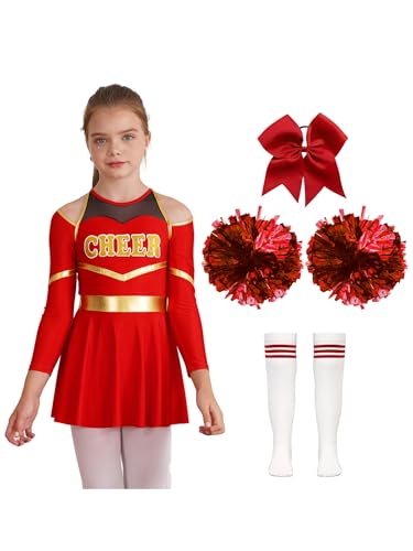Aislor Mädchen Cheer Leader Kostüm Langarm Cheerleading Uniform Outfits Pailletten Kleid mit Pompoms/Harrband Strümpfe Halloween Cheerleading Tanzkleid H Rot 146-152 von Aislor