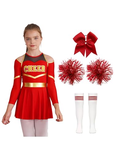 Aislor Mädchen Cheer Leader Kostüm Langarm Cheerleading Uniform Outfits Pailletten Kleid mit Pompoms/Harrband Strümpfe Halloween Cheerleading Tanzkleid J Rot 134-140 von Aislor