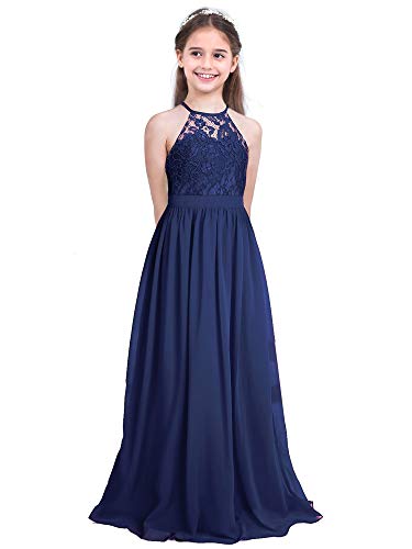 Aislor Mädchen Chiffon Kleid Kinder Prinzessin Kleider Abendkleid Ballkleid lang Ärmellos Partykleid Maxikleid Spitzenkleid Hochzeit Geburtstag Marineblau 8 Jahre von Aislor