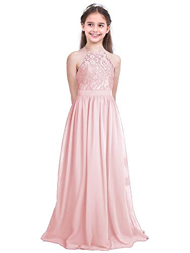 Aislor Mädchen Chiffon Kleid Kinder Prinzessin Kleider Abendkleid Ballkleid lang Ärmellos Partykleid Maxikleid Spitzenkleid Hochzeit Geburtstag Perlrosa 6 Jahre von Aislor