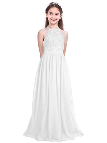 Aislor Mädchen Chiffon Kleid Kinder Prinzessin Kleider Abendkleid Ballkleid lang Ärmellos Partykleid Maxikleid Spitzenkleid Hochzeit Geburtstag Weiß 146-152 von Aislor