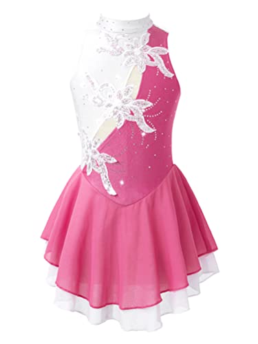 Aislor Mädchen Eiskunstlauf Kleid Glitzer Ärmellos Ballettkleid mit Mesh Skater Rock Strass Ballettanzug Balett Tanz Trikot Body Wettbewerb Tanzkostüm U Rosa 146-152 von Aislor