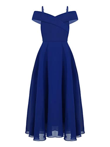 Aislor Mädchen Elegant Chiffonkleid Schulterfrei Festlich Kleid mit Blumen Ärmellos Maxikleid Cocktailkleid Partykleid Hochzeit Geburtstag Taufe Blau B 134-140 von Aislor