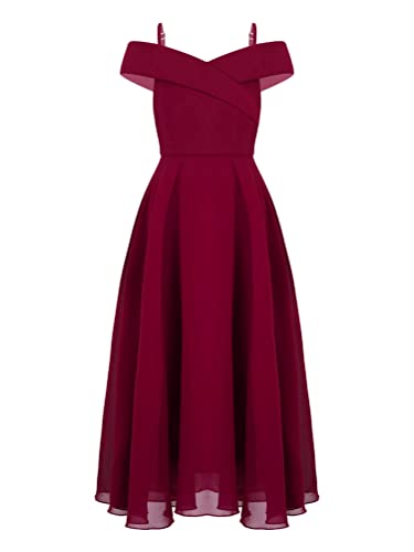 Aislor Mädchen Elegant Chiffonkleid Schulterfrei Festlich Kleid mit Blumen Ärmellos Maxikleid Cocktailkleid Partykleid Hochzeit Geburtstag Taufe Burgundy B 146-152 von Aislor