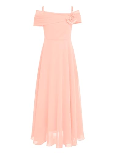 Aislor Mädchen Elegant Chiffonkleid Schulterfrei Festlich Kleid mit Blumen Ärmellos Maxikleid Cocktailkleid Partykleid Hochzeit Geburtstag Taufe Hellrosa 146-152 von Aislor