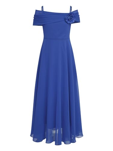 Aislor Mädchen Elegant Chiffonkleid Schulterfrei Festlich Kleid mit Blumen Ärmellos Maxikleid Cocktailkleid Partykleid Hochzeit Geburtstag Taufe Königsblau 134-140 von Aislor