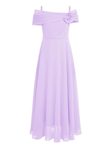 Aislor Mädchen Elegant Chiffonkleid Schulterfrei Festlich Kleid mit Blumen Ärmellos Maxikleid Cocktailkleid Partykleid Hochzeit Geburtstag Taufe Lavendel 134-140 von Aislor