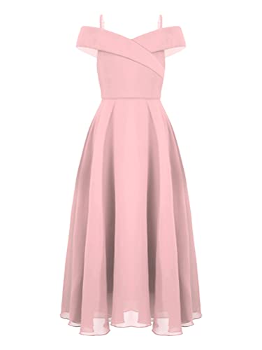 Aislor Mädchen Elegant Chiffonkleid Schulterfrei Festlich Kleid mit Blumen Ärmellos Maxikleid Cocktailkleid Partykleid Hochzeit Geburtstag Taufe Rosa B 134-140 von Aislor