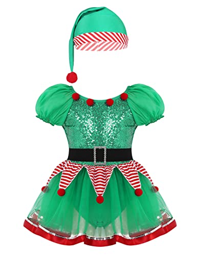 Aislor Mädchen Elfen-Kostüm Weihnachtself Kleid Weihnachtskostüm Xmas Pailletten Kleider Tanz Body mit Rock & Hut Tanzkostüm für Karneval Fasching Grün 134-140 von Aislor