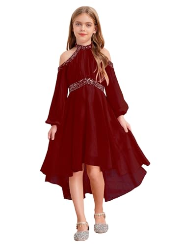 Aislor Mädchen Festlich Kleid Elegant Blumenmädchenkleider Langarm Chiffonkleid Neckholder Abendkleider Glitzer Partykleid Strandkleid Sommer Burgundy 110-116 von Aislor