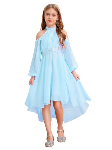 Aislor Mädchen Festlich Kleid Elegant Blumenmädchenkleider Langarm Chiffonkleid Neckholder Abendkleider Glitzer Partykleid Strandkleid Sommer Hellblau 122-128 von Aislor
