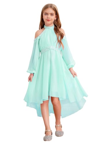 Aislor Mädchen Festlich Kleid Elegant Blumenmädchenkleider Langarm Chiffonkleid Neckholder Abendkleider Glitzer Partykleid Strandkleid Sommer Hellgrün 110-116 von Aislor