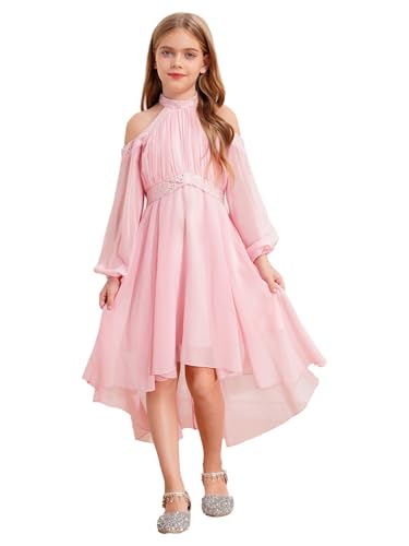 Aislor Mädchen Festlich Kleid Elegant Blumenmädchenkleider Langarm Chiffonkleid Neckholder Abendkleider Glitzer Partykleid Strandkleid Sommer Rosa 146-152 von Aislor