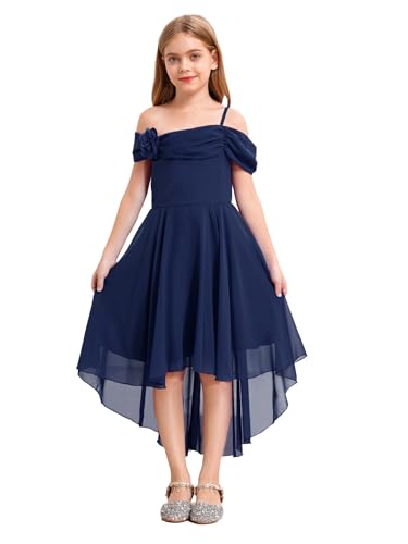 Aislor Mädchen Festliches Kleid Eine-Schulter Hochzeitskleid Unregelmäßiger Rock Abendkleider Chiffonkleid Kinder Gerburtstagskleid Prinzessinkleid Navy blau 134-140 von Aislor