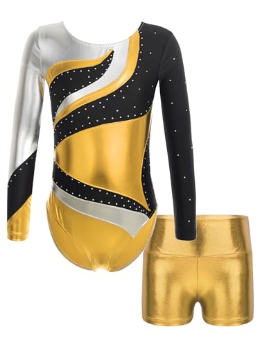 Aislor Mädchen Glitzer Gymnastikanzug mit Strass + Shorts Patchwork Turnanzug Wettbewerb Kostüm Turnbody Tanzkostüme Gold 134-140 von Aislor