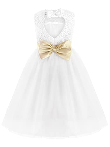 Aislor Mädchen Kleid Festlich Hochzeit Abendkleid Ärmellos Spitze Prinzessin Partykleid Blumenmädchenkleid Tüll Kleid mit Schleife Gr. 86-176 Weiß 110-116 von Aislor