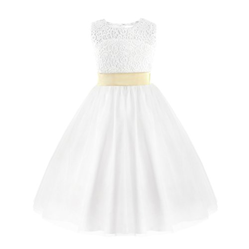 Aislor Mädchen Kleid Festlich Hochzeit Abendkleid Ärmellos Spitze Prinzessin Partykleid Blumenmädchenkleid Tüll Kleid mit Schleife Gr. 86-176 Weiß 122-128 von Aislor