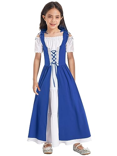 Aislor Mädchen Mittelalterlich Kostüm Renaissance Kleider Halloween Karnevals Cosplay Rollenspiel Kostüm Mittelalterliche Prinzessin Kleid Blau 134-140 von Aislor