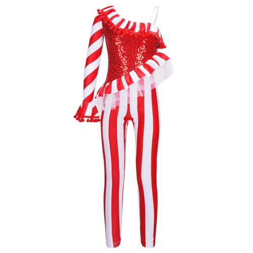 Aislor Mädchen Pailletten Weihnachtskostüm Kinder Zuckerstangen Kostüm Ein-Schulter Turnanzug mit Rüsche Ganzkörperanzug Bodysuit Jumpsuit Tanz Training Body A Rot 134-140 von Aislor