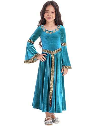 Aislor Mädchen Renaissance Kleid Retro Prinzessin Kleid Samt Maxikleid Mittelalterliches Kostüm für Halloween Party Hellblau 110-116 von Aislor