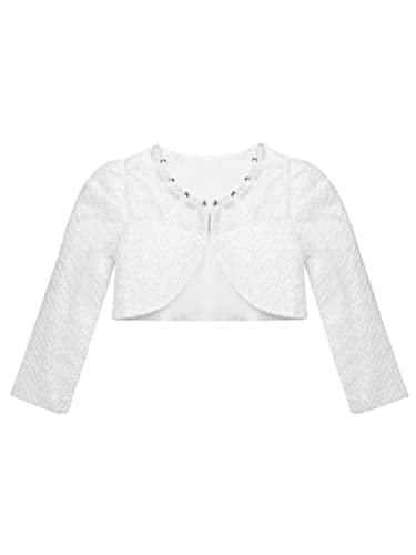 Aislor Mädchen Strickjacke Schulterjacke Jacke Festlich Bolero Spitze Blumen Kinder Jäckchen für Hochzeit Kommunion Taufe Gr. 86-140 A Weiß 134-140 von Aislor