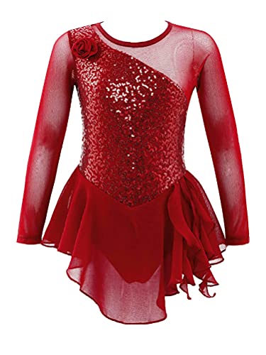 Aislor Mädchen Tanzkleid Langarm Ballettkleid Eiskunstlauf Kleid mit Pailletten Kinder Ballettanzug Tanzbody Trikot für Kinder U Rot 110-116 von Aislor