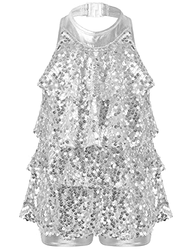 Aislor Mädchen Tanzkleider Ballettkleid Latein Salsa Pailletten Kleid Kinder Neckholder Kleider mit Shorts Tanzbekleidung Silber 158-164 von Aislor