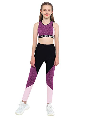 Aislor 2Pcs Mädchen Trainingsanzug Set Sportbekleidung Sommer Jogginganzug Yoga Fitness Crop Top Oberteil mit Leggings Sportanzug U Rosa Schwarz 134-140 von Aislor