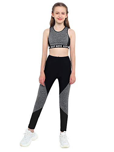 Aislor 2Pcs Mädchen Trainingsanzug Set Sportbekleidung Sommer Jogginganzug Yoga Fitness Crop Top Oberteil mit Leggings Sportanzug U Grauschwarz 146-152 von Aislor