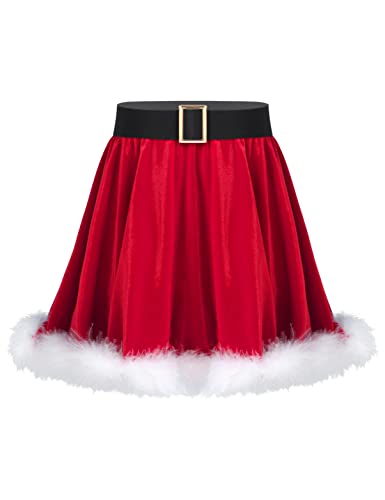 Aislor Mädchen Weihnachten Kostüm Kinder Samt Weihnachtsrock Faltenrock Miss Santa Nikolaus Minirock Weihnachtsfeier Halloween Tanz Kostüm Rot 134-140 von Aislor
